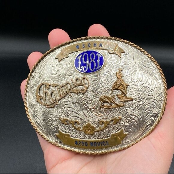Vintage Large Silver Belt Buckle Authentic 1981 Champion Calf Roping WSCHA 🇺🇸 - Picture 11 of 15